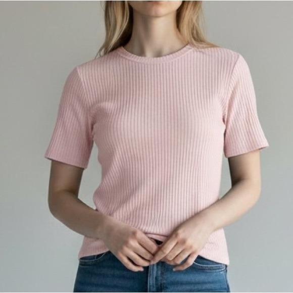 PINK Victoria's Secret Ribbed Knit T Shirt Blush Pink Short Sleeve Size XS - Picture 1 of 7